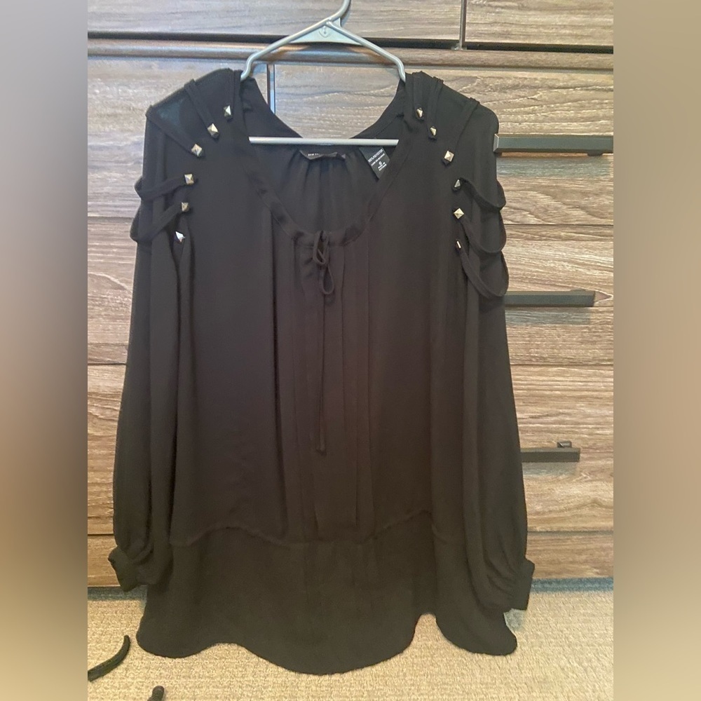 Women’s size small black sheer dressy top with studs and cinch waist